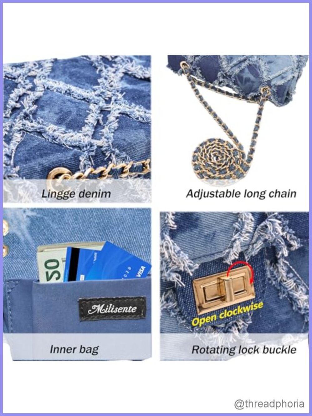 Quilted Denim Evening Bag Chain Clutch Women Shoulder Bag Tassel - Picture 5 of 6